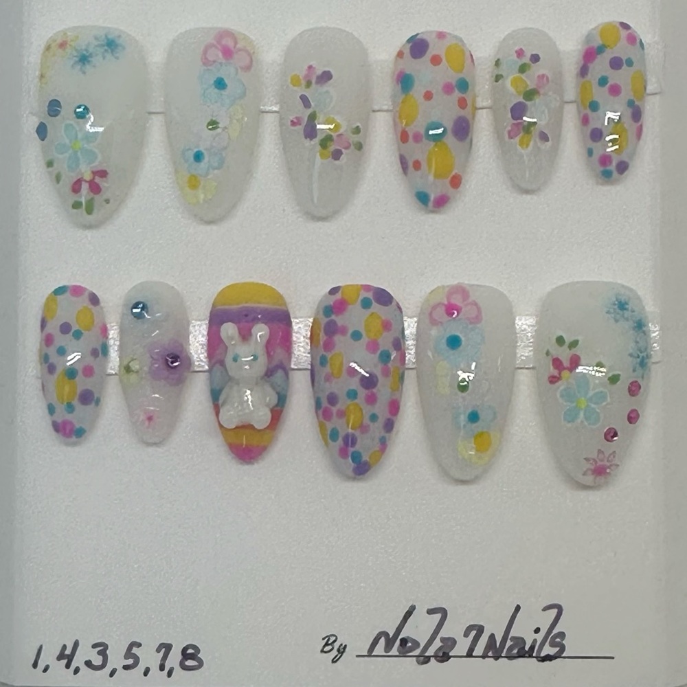 Handmade Press On Nails Medium Length 12pc Set Almond Shape EASTER Bunny